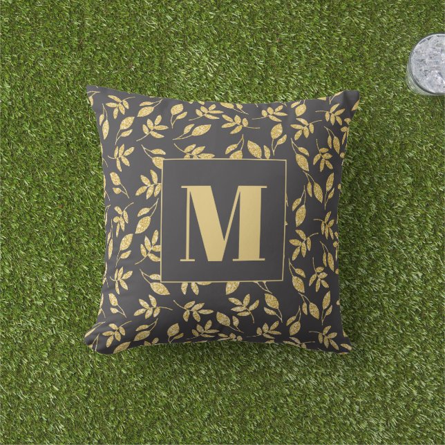 Gold Leaves Black Monogram Modern Stylish  Cushion (Grass)