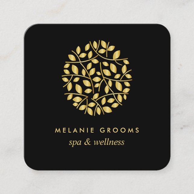 Gold leaves| Black | wellness spa massage yoga Square Business Card (Front)