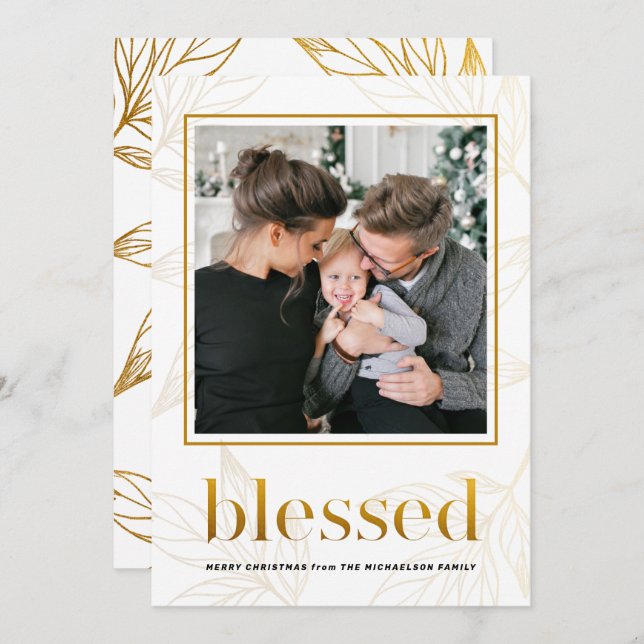 Gold Leaves Blessed with Framed Photo Holiday Invitation (Front/Back)
