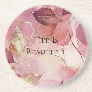 Gold Leaves Burgundy Blush Pink  Coaster
