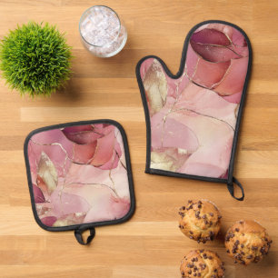 Gold Leaves Burgundy Blush Pink Oven Mitt & Pot Holder Set