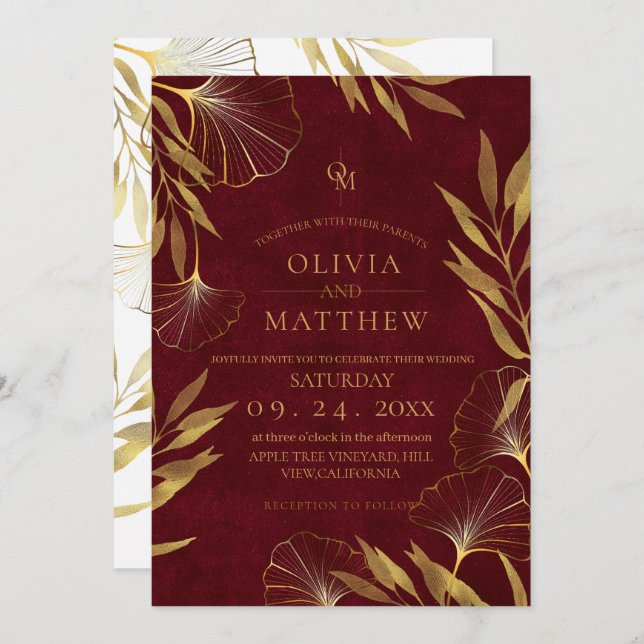 Gold Leaves / Burgundy Wedding Invitation (Front/Back)