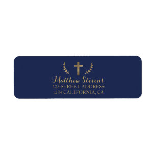 Gold leaves confirmation navy blue script label return address label