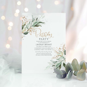 Gold Leaves Eucalyptus Greenery Cute Birthday Invitation