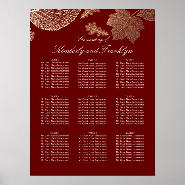 Gold Leaves Fall Burgundy Wedding Seating Chart (Front)