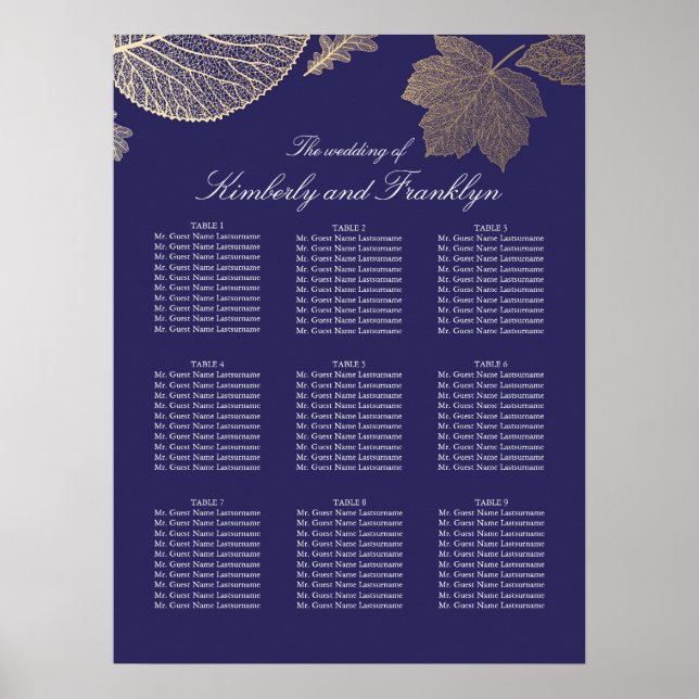 Gold Leaves Fall Navy Wedding Seating Chart (Front)