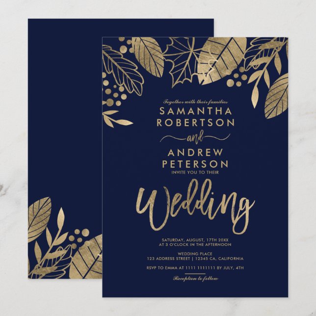 Gold leaves fall typography navy blue wedding invitation (Front/Back)
