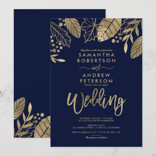Gold leaves fall typography navy blue wedding invitation
