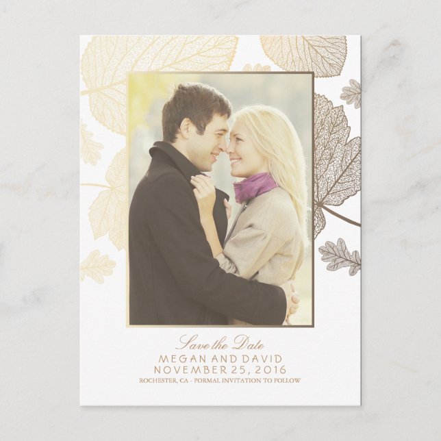 Gold Leaves Fall White Photo Save the Date Announcement Postcard (Front)