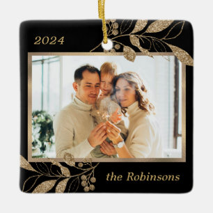 Gold Leaves Family Photo Black Christmas Ceramic Ornament