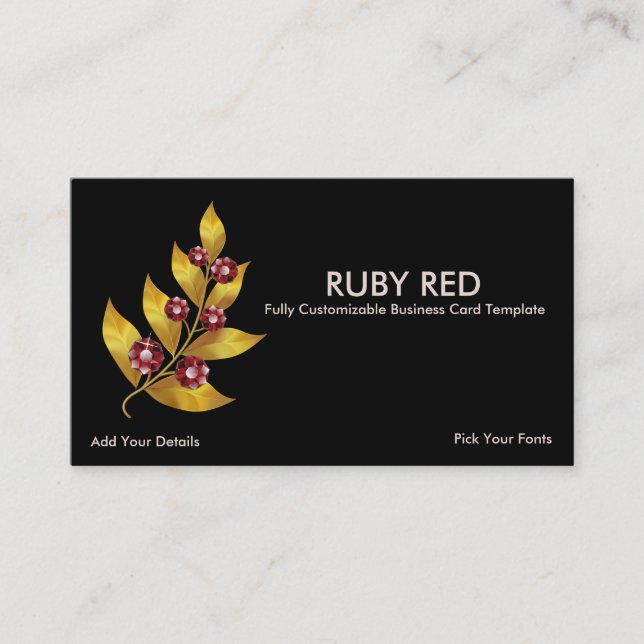 Gold Leaves Flower & Ruby Rhinestone Business Card (Front)