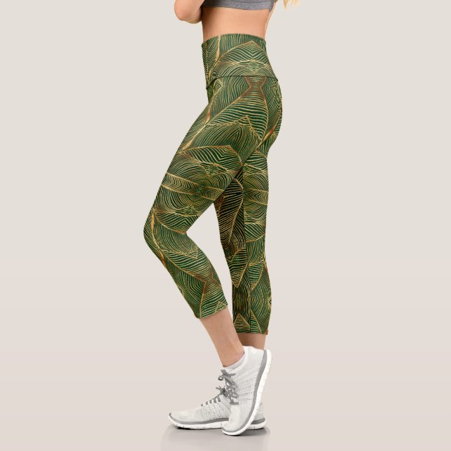 Gold Leaves Forest Green Elegant Pattern Capri Leggings (Left)