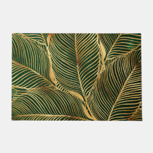 Gold Leaves Forest Green Elegant Pattern Doormat