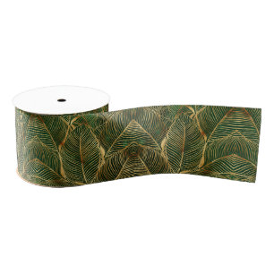 Gold Leaves Forest Green Elegant Pattern Grosgrain Ribbon