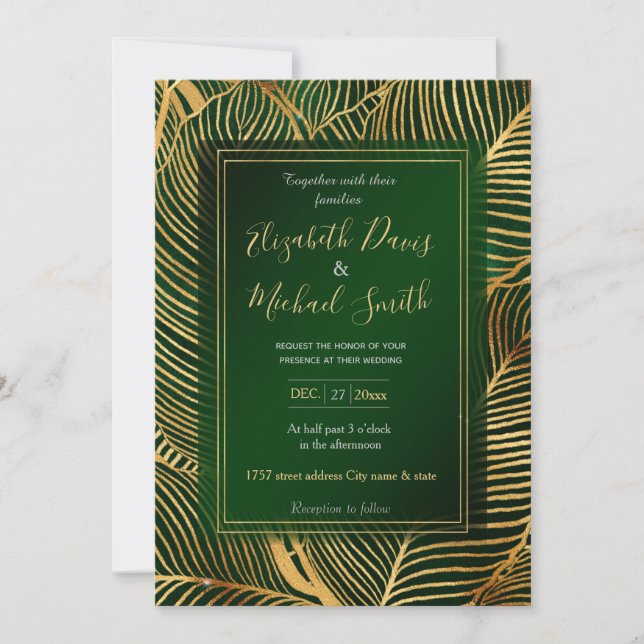 Gold Leaves Forest Green Elegant Pattern  Invitation (Front)
