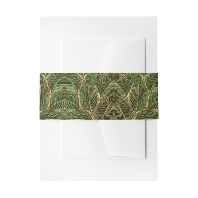 Gold Leaves Forest Green Elegant Pattern Invitation Belly Band (Front Example)
