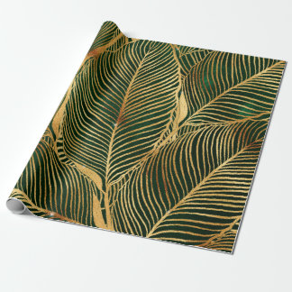 Gold Leaves Forest Green Elegant Pattern Wrapping Paper