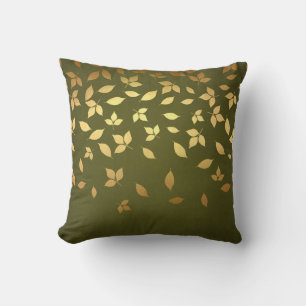 Gold Leaves Forest Green Fall Cushion