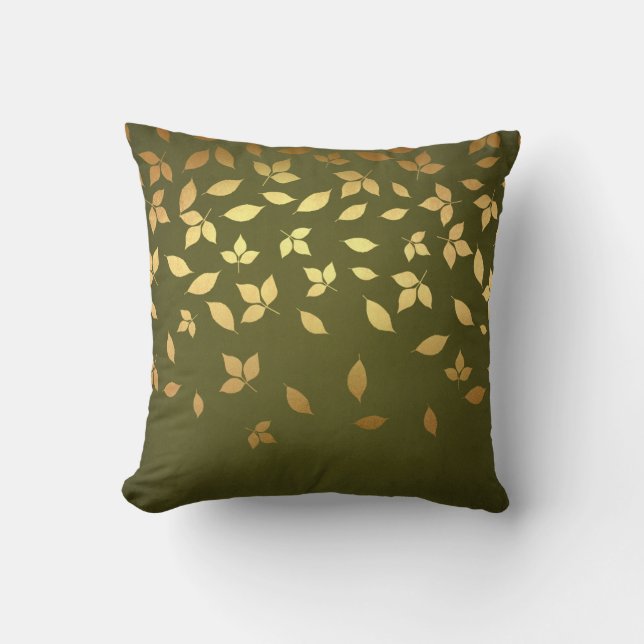 Gold Leaves Forest Green Fall Cushion (Front)