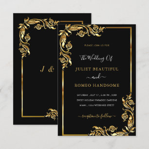Gold Leaves Frame Black Elegant Wedding Invitation