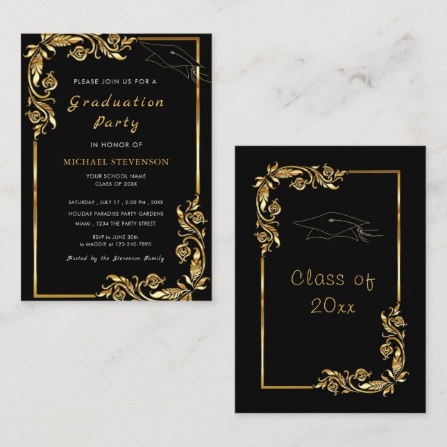 Gold Leaves Frame Graduation Party Invitation (Front/Back)