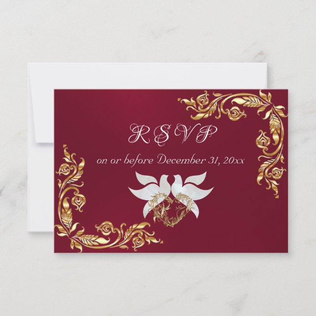 Gold Leaves Frame on Burgundy RSVP Card (Front)