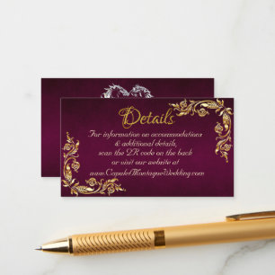 Gold Leaves Frame on Dark Purple, QR Code Enclosure Card