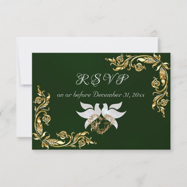 Gold Leaves Frame on Emerald RSVP Card (Front)