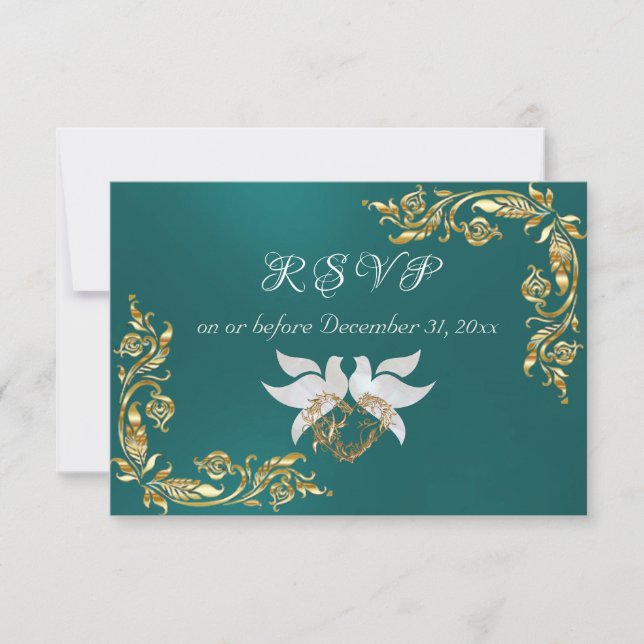Gold Leaves Frame on Teal RSVP Card (Front)