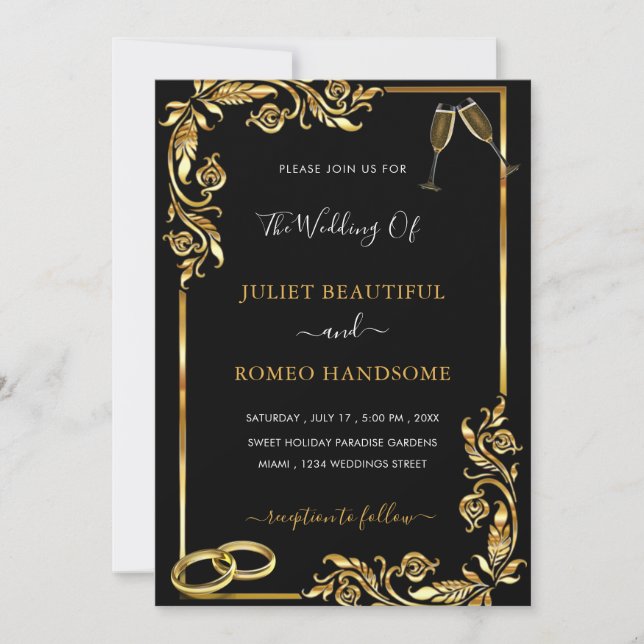 Gold Leaves Framed Golden Black Wedding Invitation (Front)