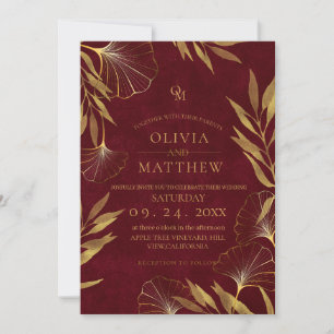 Gold Leaves / Gold and Burgundy Wedding Invitation