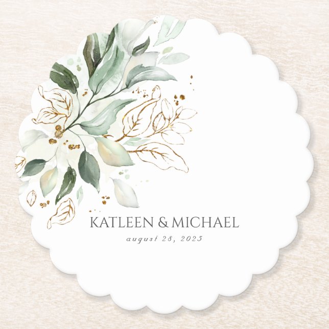 Gold Leaves Greenery Boho Summer Paper Coaster (Front)