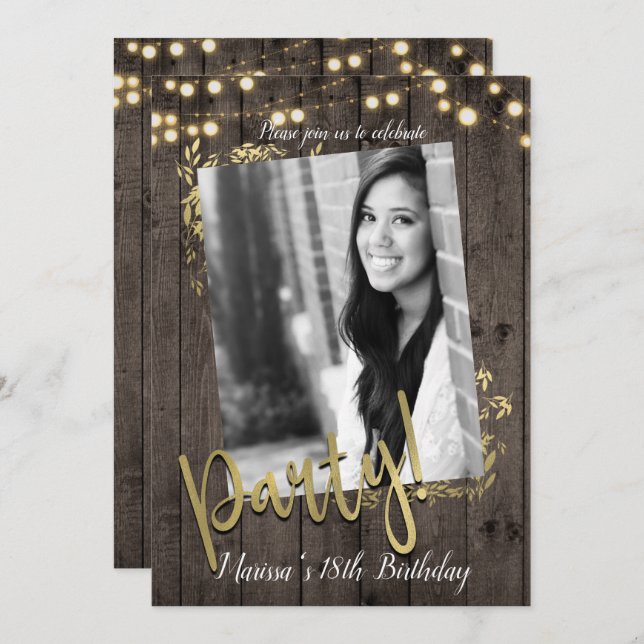Gold Leaves Lights Rustic Dark Wood Birthday Party Invitation (Front/Back)