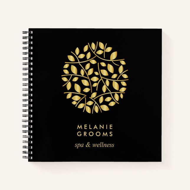 Gold Leaves Logo | Black | Personalised Monogram Notebook (Front)