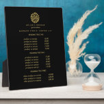 Gold leaves logo black | spa massage pricing plaque<br><div class="desc">Elegant design displays your services, price list or business information beneath a circle of branches and leaves in faux gold foils and your name or business name. Includes three customisable headings and body text fields. To adjust layout, enter your text and then use the Customise function to change positioning and...</div>