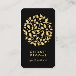 Gold leaves logo Black wellness massage yoga Business Card