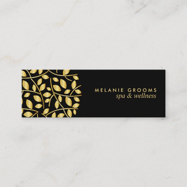 Gold leaves logo | Black wellness spa massage yoga Mini Business Card (Front)