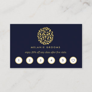 Gold leaves logo Blue wellness massage yoga Business Card