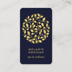 Gold leaves logo Blue wellness massage yoga Business Card