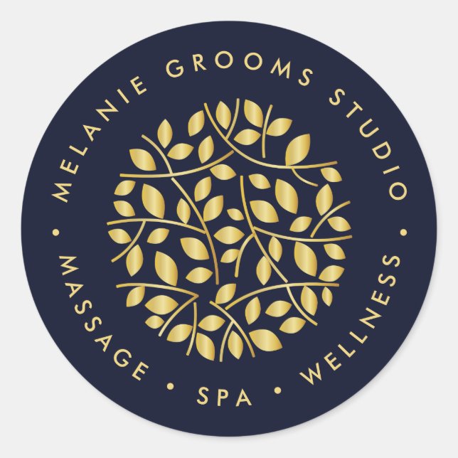 Gold leaves logo | Blue wellness massage yoga spa Classic Round Sticker (Front)