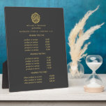Gold leaves logo grey | spa massage pricing plaque<br><div class="desc">Elegant design displays your services, price list or business information beneath a circle of branches and leaves in faux gold foils and your name or business name. Includes three customisable headings and body text fields. To adjust layout, enter your text and then use the Customise function to change positioning and...</div>