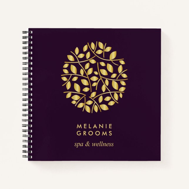 Gold Leaves Logo | Purple | Personalised Monogram Notebook (Front)