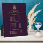 Gold leaves logo purple | spa massage pricing plaque<br><div class="desc">Elegant design displays your services, price list or business information beneath a circle of branches and leaves in faux gold foils and your name or business name. Includes three customisable headings and body text fields. To adjust layout, enter your text and then use the Customise function to change positioning and...</div>