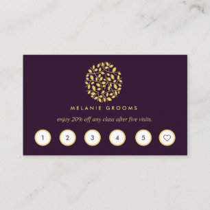 Gold leaves logo   Purple   wellness  massage yoga Business Card