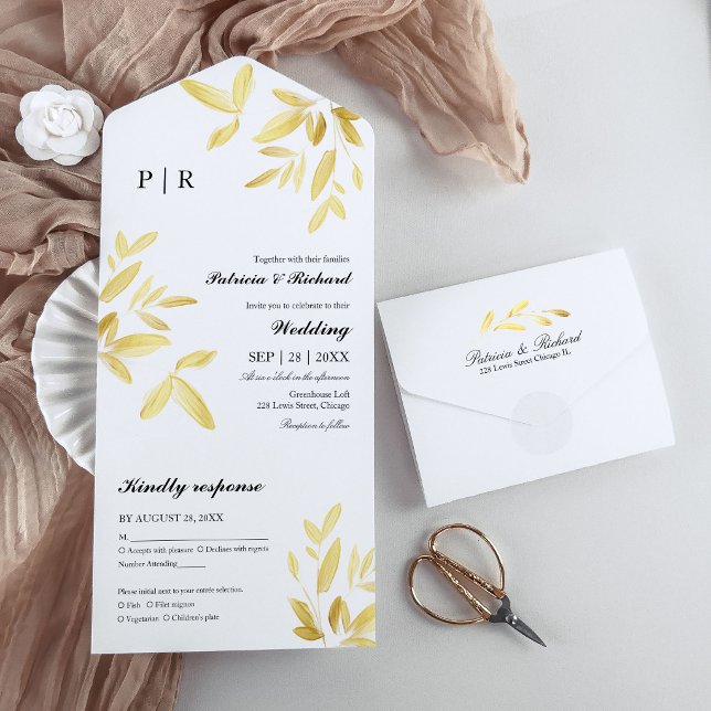 Gold Leaves Monogram Elegant Wedding All In One Invitation (Creator Uploaded)