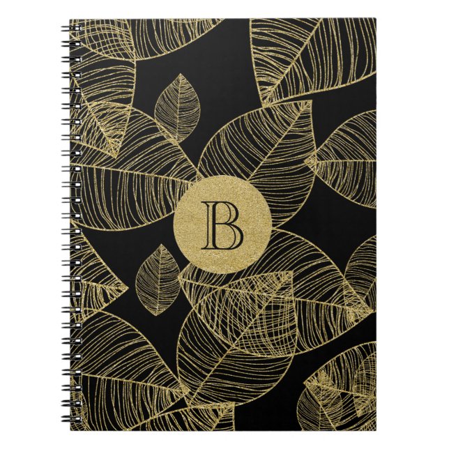 Gold Leaves on Black Elegant Notebook Journal (Front)