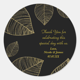 Gold Leaves on Black Elegant Wedding Favour Classic Round Sticker