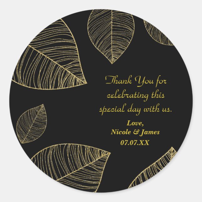 Gold Leaves on Black Elegant Wedding Favour Classic Round Sticker (Front)
