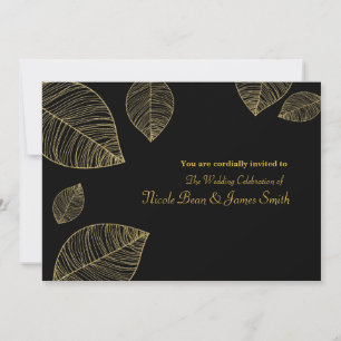 Gold Leaves on Black Elegant Wedding Invitations
