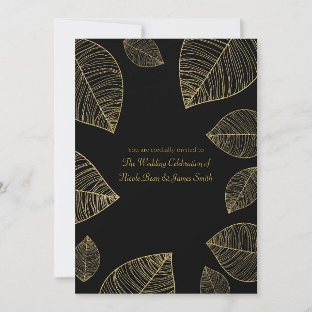 Gold Leaves on Black Elegant Wedding Invitations (Front)